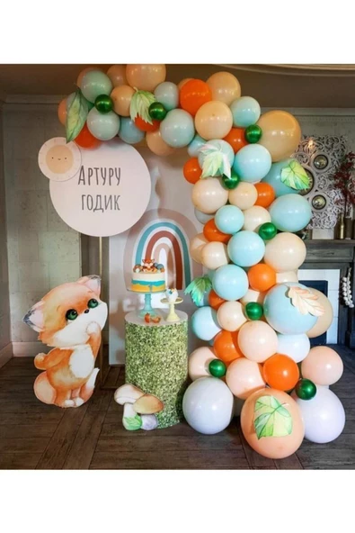 Pazariz Tilki Konsept Renklerinde Pastel Somon Mavi Turuncu Metalik Koyu Yeşil Renklerinde Balon Zincir ürün görseli 1