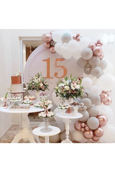 Pazariz Krom Rose Gold Pastel Gri Ve Beyaz Balon Zinciri 100 Adet ürün görseli 1