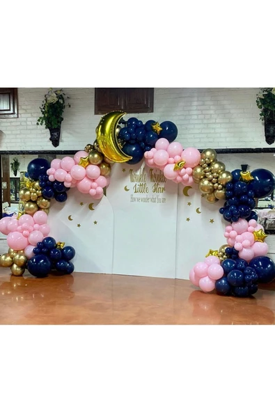 Pazariz Krom Gold Gece Mavisi Ve Makaron Pembe Balon Zinciri 100 Adet ürün görseli 1