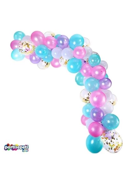 Pazariz Zincir Balon Seti Pembe - Mavi - Mor / Konfetili 130 Adet Balon ürün görseli 1
