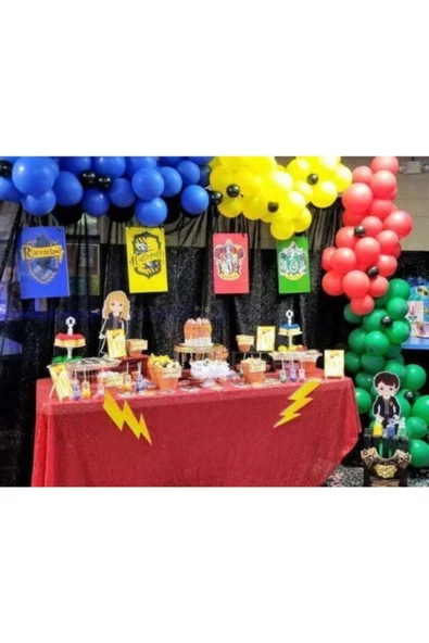 Pazariz Sarı Kırmızı Mavi Yeşil Siyah Balon Zincir Hogwarts Binaları Konseptli Balon Zincir ürün görseli 1