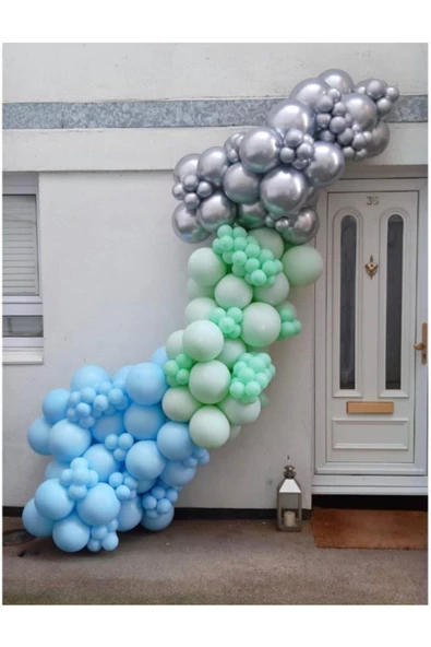 Pazariz Krom Gümüş Makaron Mavi Ve Mint Yeşili Pastel Balon Zinciri 100 Adet ürün görseli 1