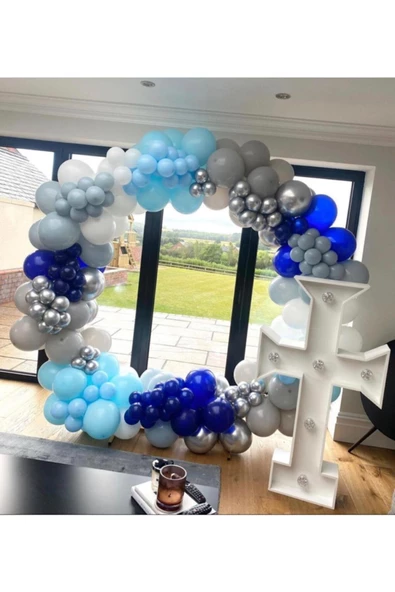 Pazariz Krom Gümüş Makaron Mavi Pastel Lacivert Ve Gri Balon Zinciri 100 Adet ürün görseli 1