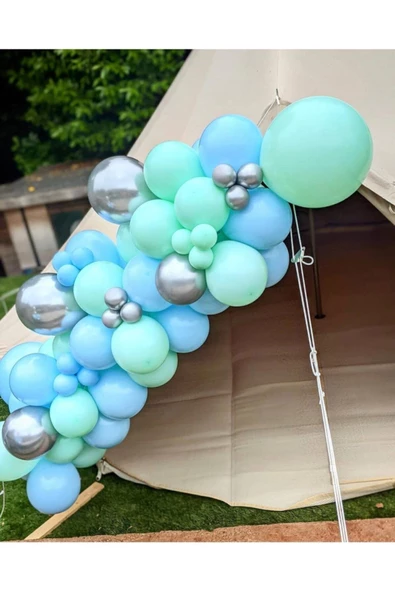 Pazariz Krom Gümüş Mint Yeşili Ve Makaron Mavi Balon Zinciri 100 Adet ürün görseli 1