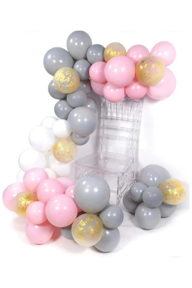 Pazariz Pastel Gri Beyaz Pembe Ve Şeffaf Gold Konfetili Balon Zinciri 100 Adet ürün görseli 1