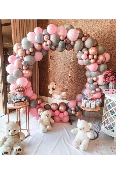 Pazariz Krom Rose Gold Pastel Pembe Ve Gri Balon Zinciri 100 Adet ürün görseli 1