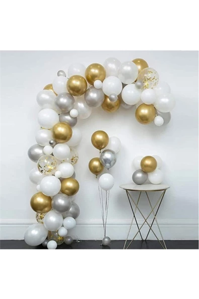 Pazariz Gold Gümüş Beyaz Kombin Zincir Balon Seti 5 Metre 100 Adet ürün görseli 1