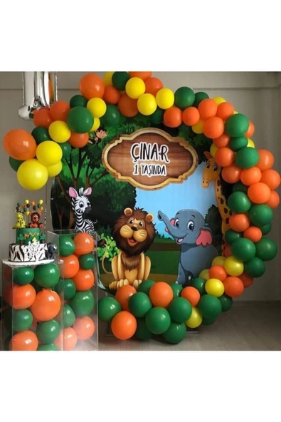Pazariz Safari Konsepti Balon Zinciri Koyu Yeşil Turuncu Sarı 100 Adet ürün görseli 1