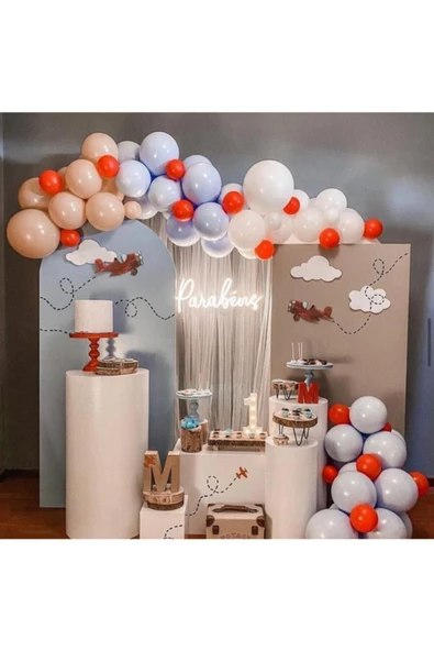 Pazariz Pastel Beyaz Gri Somon Kırmızı Mavi Balon Zinciri 100 Adet ürün görseli 1