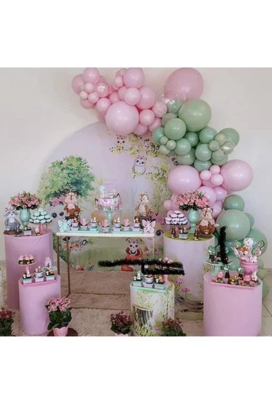 Pazariz Pastel Küf Yeşili Ve Makaron Pembe Balon Zinciri 100 Adet ürün görseli 1