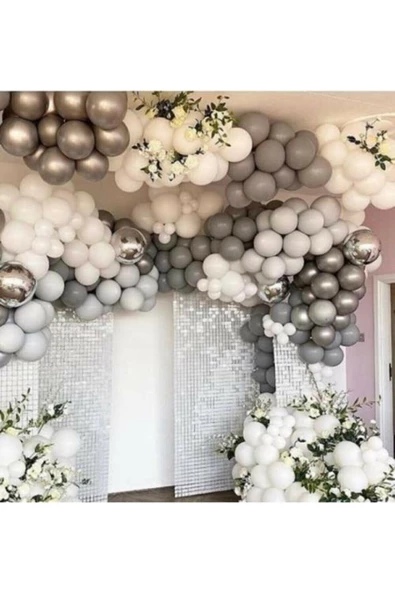 Pazariz Pastel Gri Metalik Gri Pastel Beyaz 100 Adet Balon Ve Balon Zincir ürün görseli 1