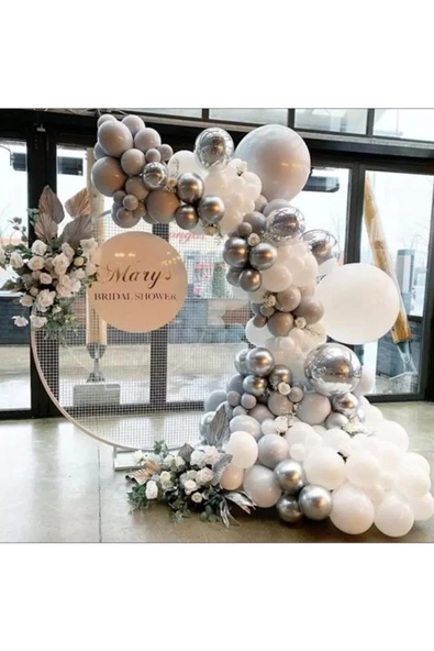 Pazariz Krom Gümüş Pastel Beyaz Ve Taş Rengi Balon Zinciri 100 Adet ürün görseli 1
