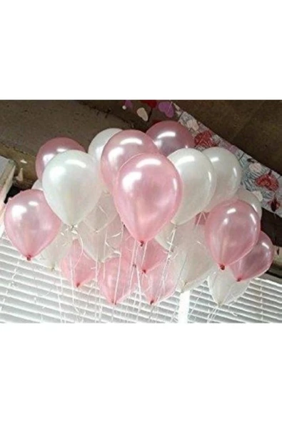 Pazariz 25 Adet Metalik Sedefli (pembe-beyaz) Karışık Balon Helyumla Uçan ürün görseli 1