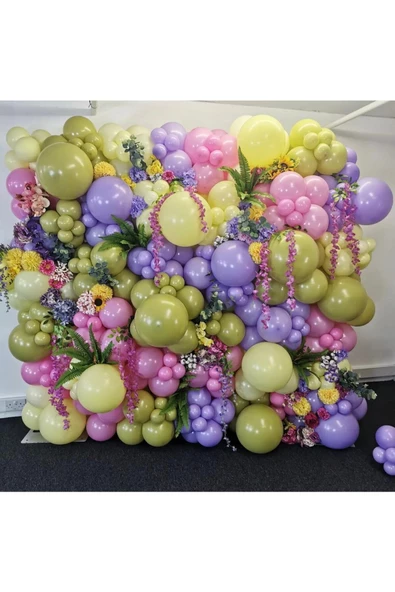 Pazariz Makaron Pembe Lila Sarı Ve Retro Zeytin Balon Zinciri 100 Adet ürün görseli 1