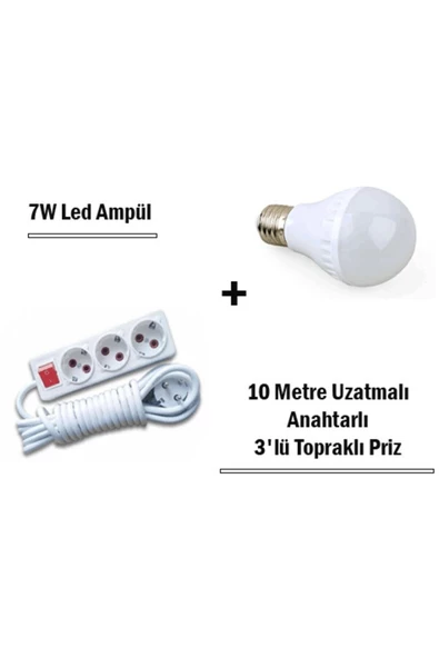 Pazariz 7w Led Ampul + 10 Metre Uzatmalı Anahtarlı 3lü Priz Set ürün görseli 1