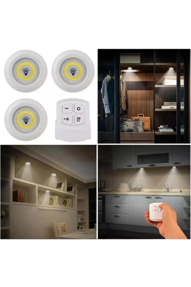 Pazariz Uzaktan Kumandalı Yapışkanlı Kablosuz Pilli Led 3'lü Spot Lamba ürün görseli 1