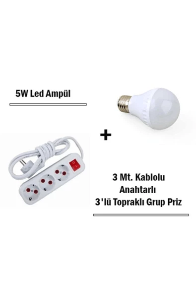 Pazariz 5w Led Ampul + 3 Metre Uzatmalı Anahtarlı 3lü Priz Set- ürün görseli 1