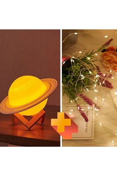 Pazariz 3d Print Dokunmatik 3 Renk Usb Şarjlı Gece Lambası (kumandasız) Ve Peri Led Işık 5 Mt Sarı ürün görseli 1