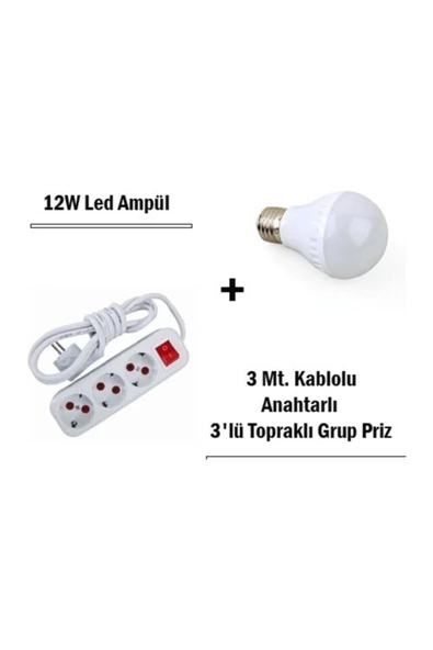 Pazariz 12w Led Ampul + 3 Metre Uzatmalı Anahtarlı 3lü Priz Set ürün görseli 1