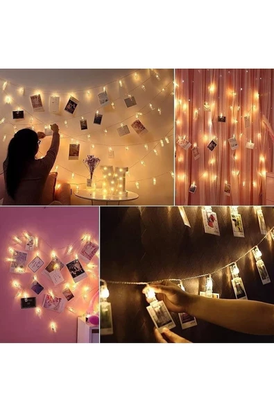 Pazariz 3 Metre 20'li Led Işıklı Dekoratif Fotoğraf Askılığı Mandalları ürün görseli 1