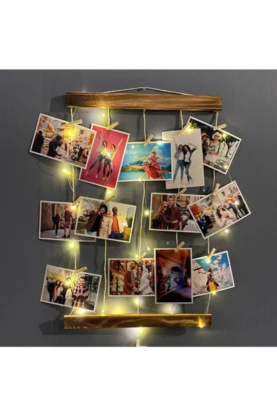 Pazariz Ahşap Fotoğraf Çerçevesi Led Işıklı Ipli Mandallı Resim Askısı ürün görseli 1