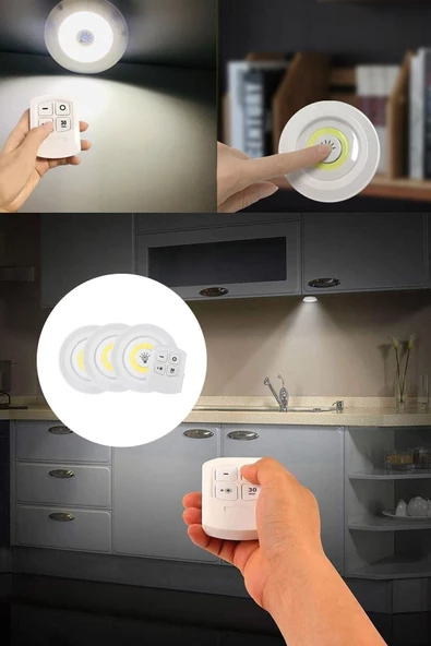 Pazariz Uzaktan Kumandalı Yapışkanlı Kablosuz Pilli Led 3'lü Spot Lamba ürün görseli 1