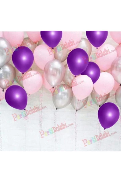 Pazariz Fırsat Ayı 30 Adet Metalik Sedefli Mor-pembe-gümüş Gri Karışık Balon Helyum ürün görseli 1