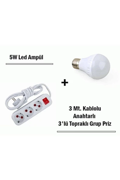Pazariz 5w Led Ampul + 3 Metre Uzatmalı Anahtarlı 3lü Priz Set ürün görseli 1