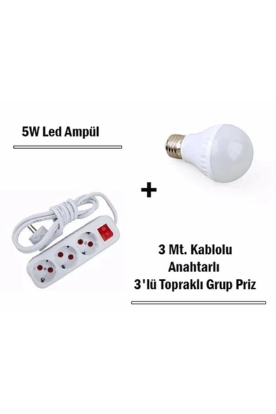 Pazariz 5w Led Ampul + 3 Metre Uzatmalı Anahtarlı 3lü Priz Set ürün görseli 1