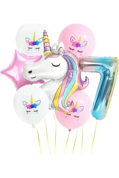 Pazariz Fırsat Ayı Gökkuşağı Rakam Unicorn Folyo Balon Seti 7 Yaş ürün görseli 1