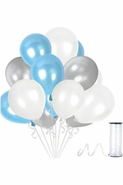 Pazariz 50 Adet Gümüş - Beyaz- Mavi Metalik Balon 3'lü Renk - 12 Inç ürün görseli 1