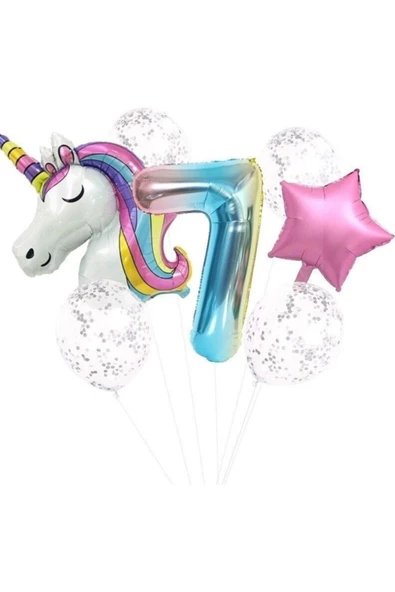 Pazariz Fırsat Ayı Unicorn Folyo Balon Doğum Günü Seti 7 Yaş ürün görseli 1