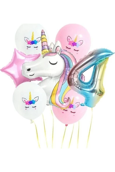 Pazariz Fırsat Ayı Gökkuşağı Rakam Unicorn Folyo Balon Seti 4 Yaş ürün görseli 1