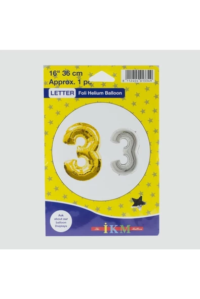 Pazariz Marka: Sarı Renkli 16*36 Rakam Folyo Balon Kategori: Balon ürün görseli 1