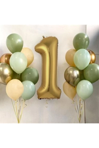 Pazariz 1 Yaş Gold Balon Ve 16 Balon (4küfyeşil+4mintyeşil+4somon+2gold+2gümüş) ürün görseli 1