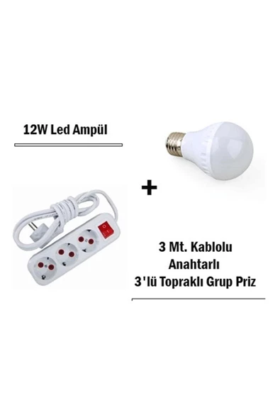 Pazariz 12w Led Ampul + 3 Metre Uzatmalı Anahtarlı 3lü Priz Set ürün görseli 1
