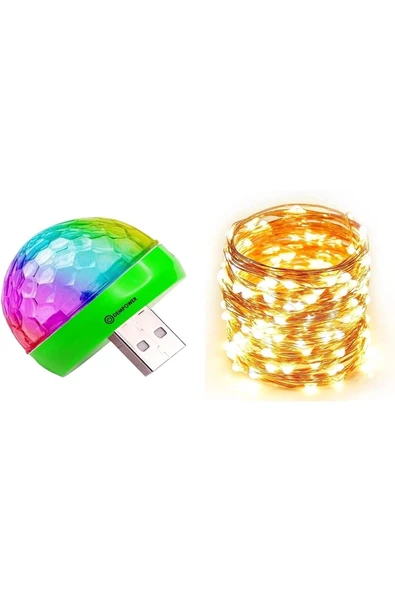 Pazariz 2'li Set Mini Disko Topu Hoparlör Mp3 + 3 Metre Peri Led Işık (Yeşil) ürün görseli 1