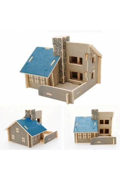 Pazariz Pazarız 3d Ahşap Puzzle Yapboz Maket Mavi Ev Boyanabilir ürün görseli 1