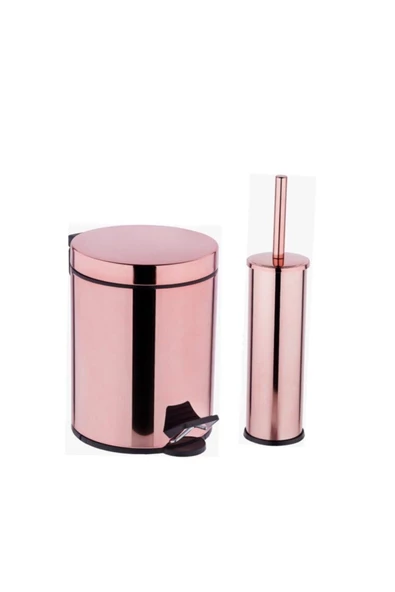 Pazariz Rose Gold - Pembe Renk Banyo 5 Lt Pedallı Çöp Kovası + Klozet Fırçası Set ürün görseli 1