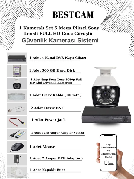 BESTCAM 1 Kameralı Set 5 Mega Piksel Sony Lensli FULL HD Gece Görüşlü Güvenlik Kamera Seti 500 GB Hard disk ürün görseli 1