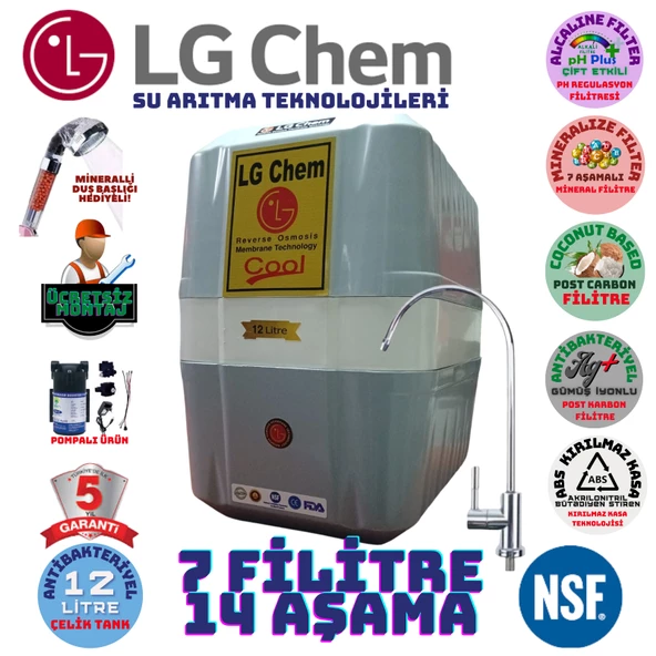 LG Chem COOL GRİ BEYAZ POMPALI MONTAJ DAHİL 12 LİTRE 7 FİLTRE 14 AŞAMA SU ARITMA CİHAZI ürün görseli 1