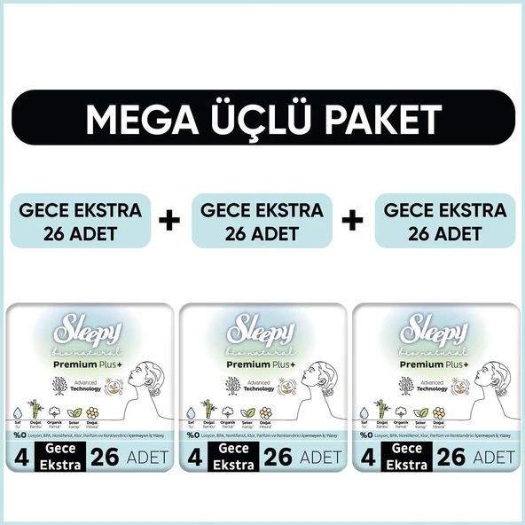 Sleepy Bio Natural Premium Plus Hijyenik Ped Mega Paket Gece Extra 26x3 (78 Adet) ürün görseli 1