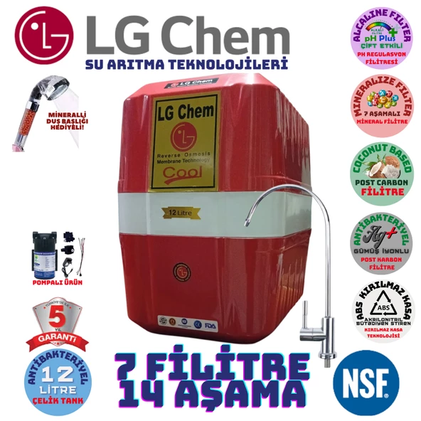 LG Chem COOL KIRMIZI BEYAZ POMPALI 12 LİTRE 7 FİLTRE 14 AŞAMA SU ARITMA CİHAZI ürün görseli 1
