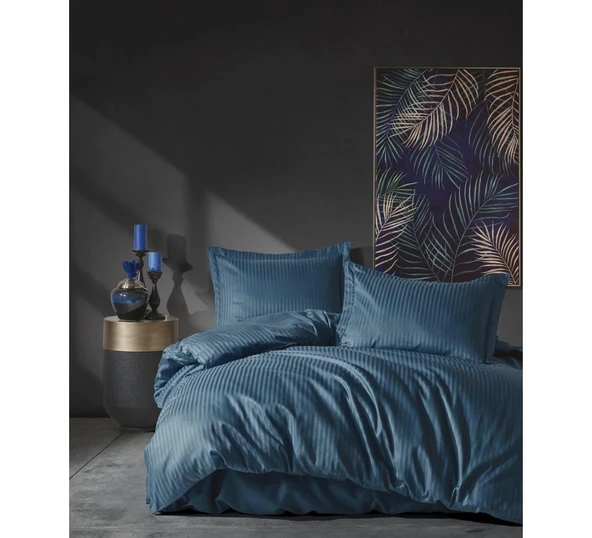 Cotton Box Elegant Stripe Saten Çift Kişilik Nevresim Takımı Mavi ürün görseli 1