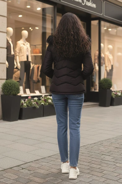 Günlük Kürklü Kadın Şişme Mont - Resim 3