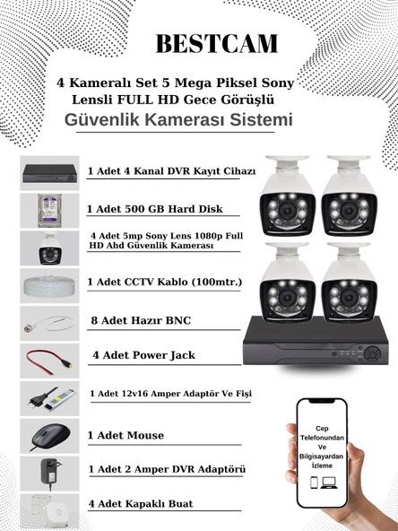 BESTCAM 4 Kameralı Set 5 Mega Piksel Sony Lensli FULL HD Gece Görüşlü Güvenlik Kamera Seti 500 GB Hard disk ürün görseli 1