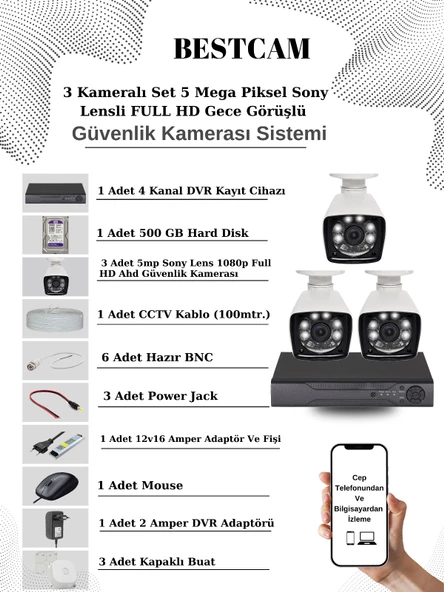 BESTCAM 3 Kameralı Set 5 Mega Piksel Sony Lensli FULL HD Gece Görüşlü Güvenlik Kamera Seti 500 GB Hard disk ürün görseli 1