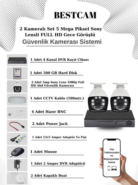 BESTCAM 2 Kameralı Set 5 Mega Piksel Sony Lensli FULL HD Gece Görüşlü Güvenlik Kamera Seti 500 GB Hard disk ürün görseli 1