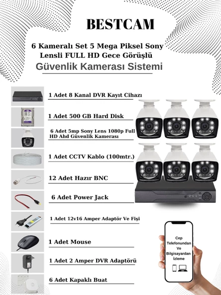 BESTCAM 6 Kameralı Set 5 Mega Piksel Sony Lensli FULL HD Gece Görüşlü Güvenlik Kamera Seti 500 GB Hard disk ürün görseli 1