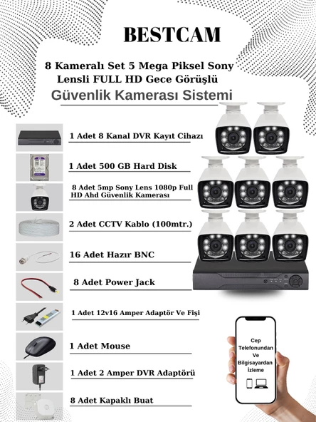 BESTCAM 8 Kameralı Set 5 Mega Piksel Sony Lensli FULL HD Gece Görüşlü Güvenlik Kamera Seti 500 GB Hard disk ürün görseli 1